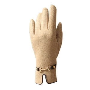 Winter camel thermal gloves for women with touch screen design and gold horsebit detail