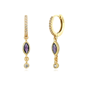 Detail of Ag925 sterling silver earrings with purple marquise zircon and gold plating