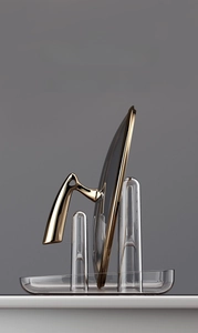 Modern transparent pot lid holder with dual slots and a sleek gold handle accent