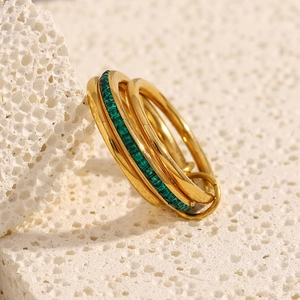 Three-layer 18K gold plated stainless steel ring set with a green square gemstone
