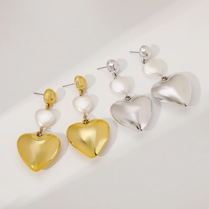 Elegant gold and silver metallic heart drop earrings with white imitation pearls