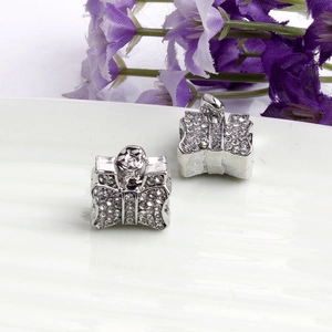 Silver bow gift box charm with sparkling rhinestones for jewelry making and DIY bracelets