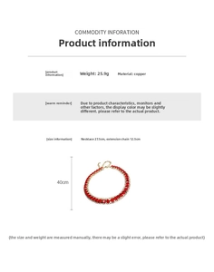 Detail view of red double-row diamond necklace with size measurements and copper material