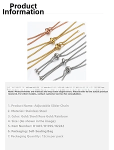 Detail view of adjustable stainless steel slider chains for jewelry making in four metal colors