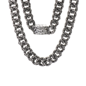 Vintage style chunky silver hammered Cuban link chain necklace in antique titanium steel