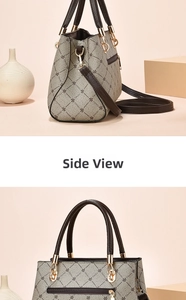 Detail of elegant beige crossbody bag with brown floral patterns and metal hardware