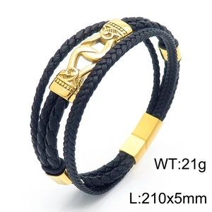 Close-up of multilayer black leather bracelet with gold magnetic clasp and dimensions
