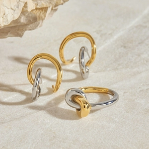 Minimalist knot design 18K gold and silver two-tone earring and ring jewelry set