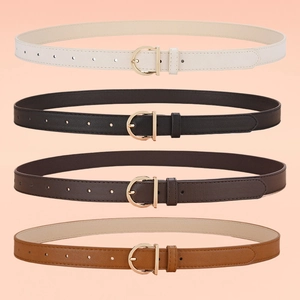 Vertical display of ladies' belts in four colors with golden D-shape metal buckles