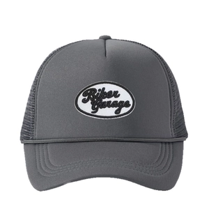 Dark grey trucker hat with Biker Garage embroidery and breathable mesh back panel