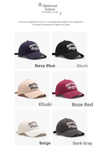 Detailed grid showing six color options of embroidered cotton baseball caps for men and women