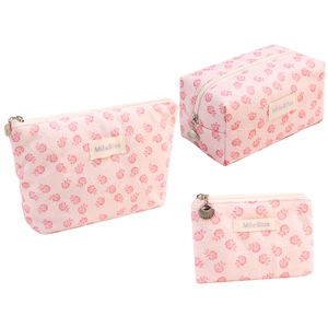 Set of three elegant pink lace floral cosmetic bags featuring cute shell zipper pulls