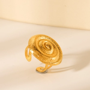 18K gold-plated stainless steel hammered spiral open ring with bohemian texture on beige base