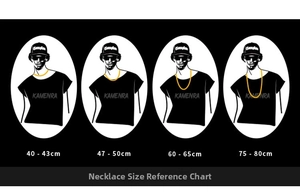 Size chart showing necklace lengths from 40cm to 80cm on four human silhouettes