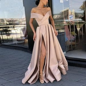 Elegant champagne satin off-shoulder evening gown with high slit and pleated bodice