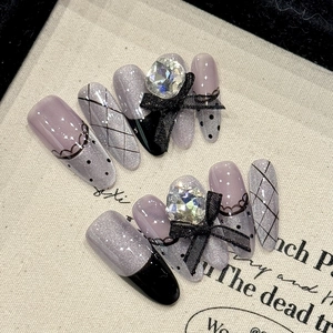 Handmade Press On Nails Long Almond Lilac Purple Cat Eye Rhinestone Ribbon Bow French Lace Polka Dot Elegant Sweet