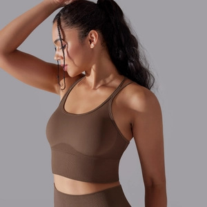 Detail of coffee brown seamless sports bra with vertical ribbed texture and elastic band
