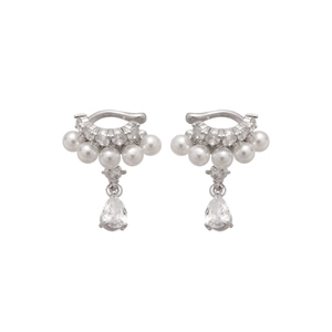 Silver earring clips with pearls and zircon drop pendants for non-pierced ears