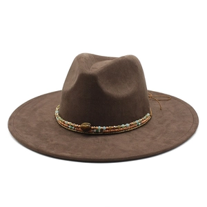 Classic dark brown suede fedora hat with bohemian beaded band and tiger eye stone detail
