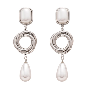 Orecchini geometrici pendenti in metallo argento con perle a goccia eleganti