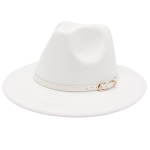 Close-up of white wool felt fedora featuring a thin leather band with a gold metal buckle