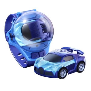 Blue mini RC car watch toy for kids featuring a transparent dome cover and remote controller