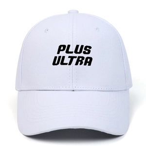 White cotton baseball cap with black Plus Ultra embroidery in a classic 6-panel design