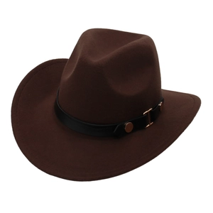 Detail of dark brown wool cowboy hat featuring a leather belt and gold metal studs