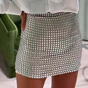 Women's sexy silver sequin mesh mini skirt with sparkling rhinestones and bodycon fit