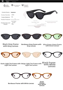 Detailed size specifications and color options for vintage cat eye sunglasses with PC frame