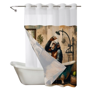 Waterproof double-layer shower curtain featuring a funny gorilla bathing in a vintage tub