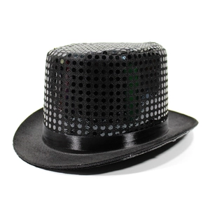 Classic black top hat with sparkling silver sequins and satin ribbon for stage performance