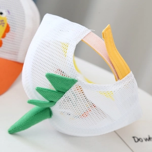 Detail of breathable white mesh fabric and colorful adjustable strap on kids dinosaur cap