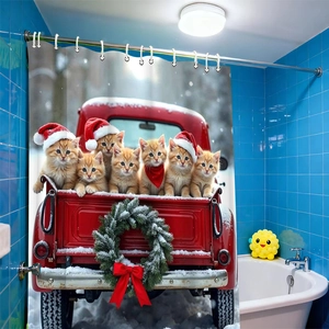Christmas shower curtain featuring festive orange cats in a red vintage truck on fabric