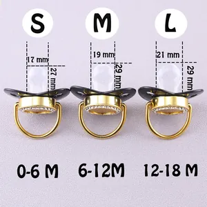 Size chart for baby pacifier showing dimensions for S, M, and L sizes from 0-18 months