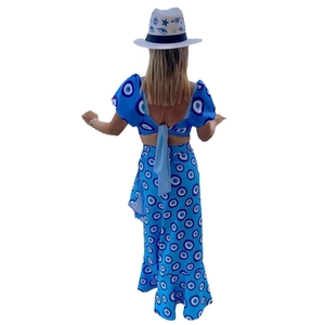 Conjunto de verano de 3 piezas con top corto, falda y sombrero a juego con estampado de ojo