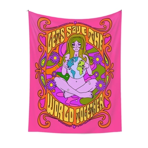 Close-up of pink retro tapestry featuring woman hugging earth with save the world slogan