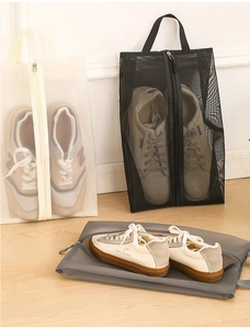 Macro detail of portable mesh travel shoe bags with durable zippers in black and grey
