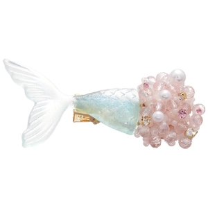 Elegant mermaid tail hair clip with resin pearls and pink crystals on white background