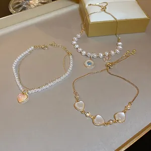 Artificial Pearl Heart Charm Layered Bracelet Elegant Adjustable Gold Tone Alloy Sweet Jewelry For Women