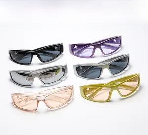 Close-up of star-embossed temples on Y2K wraparound sunglasses in six vibrant colors