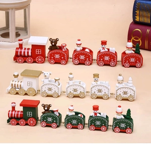 Detailed close-up of three colorful wooden Christmas trains with cute holiday figurines