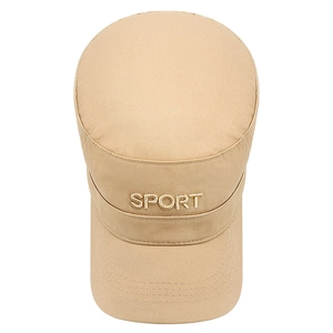 Beige cotton flat top military cap featuring 3D Sport embroidery and structured brim