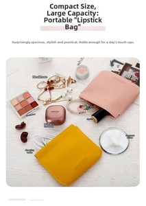 Detail view showing portable PU leather pouches storing earphones and cosmetics