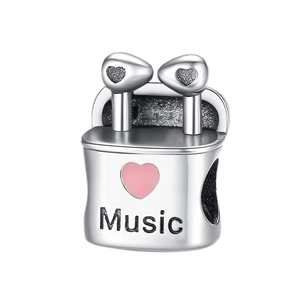 Silver music headphone box charm with pink heart and Music engraving for DIY jewelry