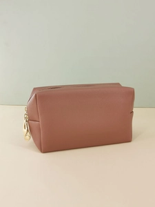 Pink PU leather waterproof makeup bag with cross pattern texture and gold zipper