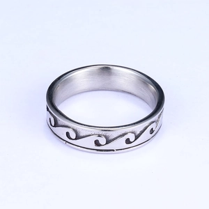 Minimalist silver stainless steel ring with wave pattern on white background