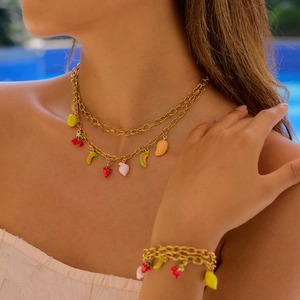 Colorful fruit pendant 18K gold plated stainless steel necklace and bracelet set for summer