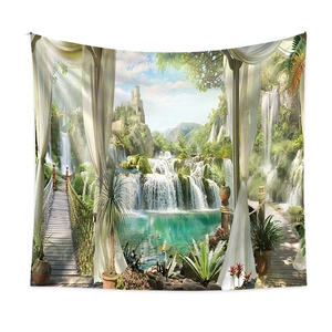 Detail view of polyester tapestry featuring a waterfall, castle and tropical forest landscape