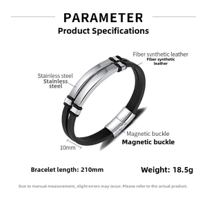 Detail view of double-layer black leather bracelet with magnetic clasp and steel elements